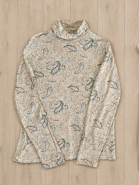 Basic Editions Paisley Mock Neck Long Sleeve Top 100% Cotton Large